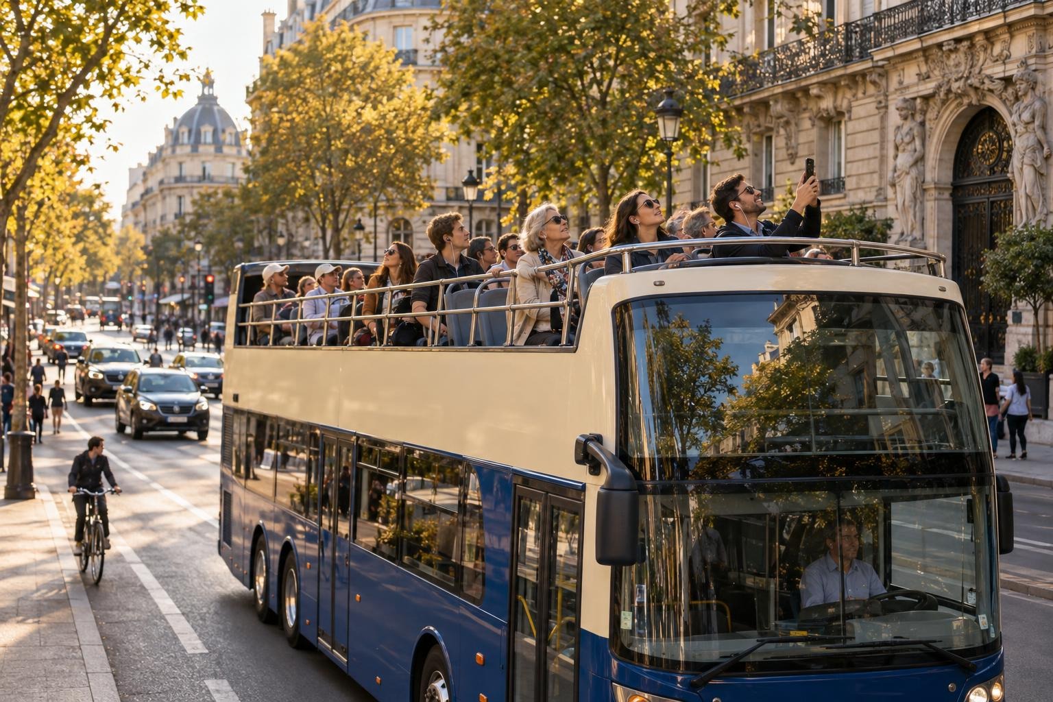 Passengers on the open top deck of a city sightseeing bus