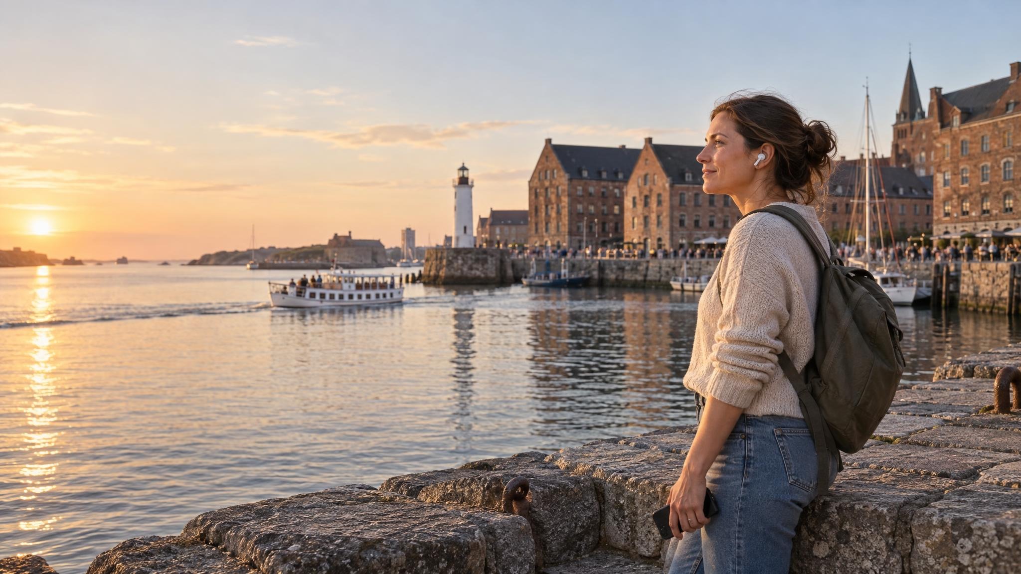 A traveler with earbuds looks out over a harbor at sunset as a small sightseeing boat leaves the quay