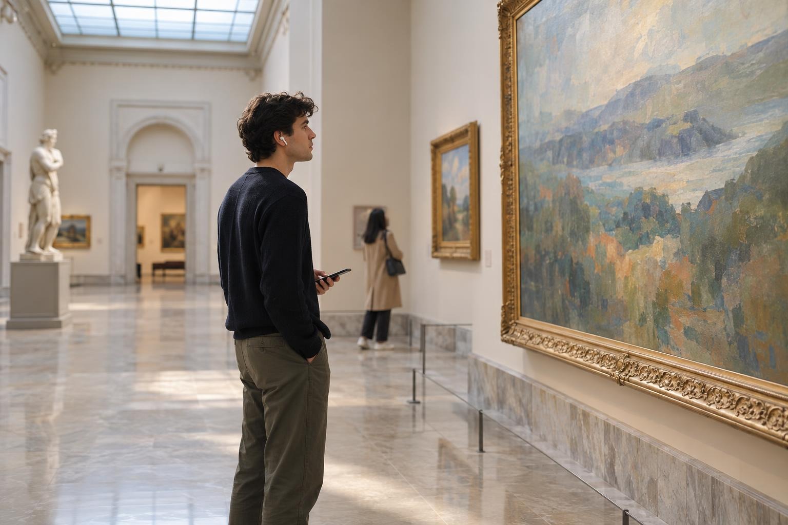 A visitor with earbuds studying a large painting in a museum gallery