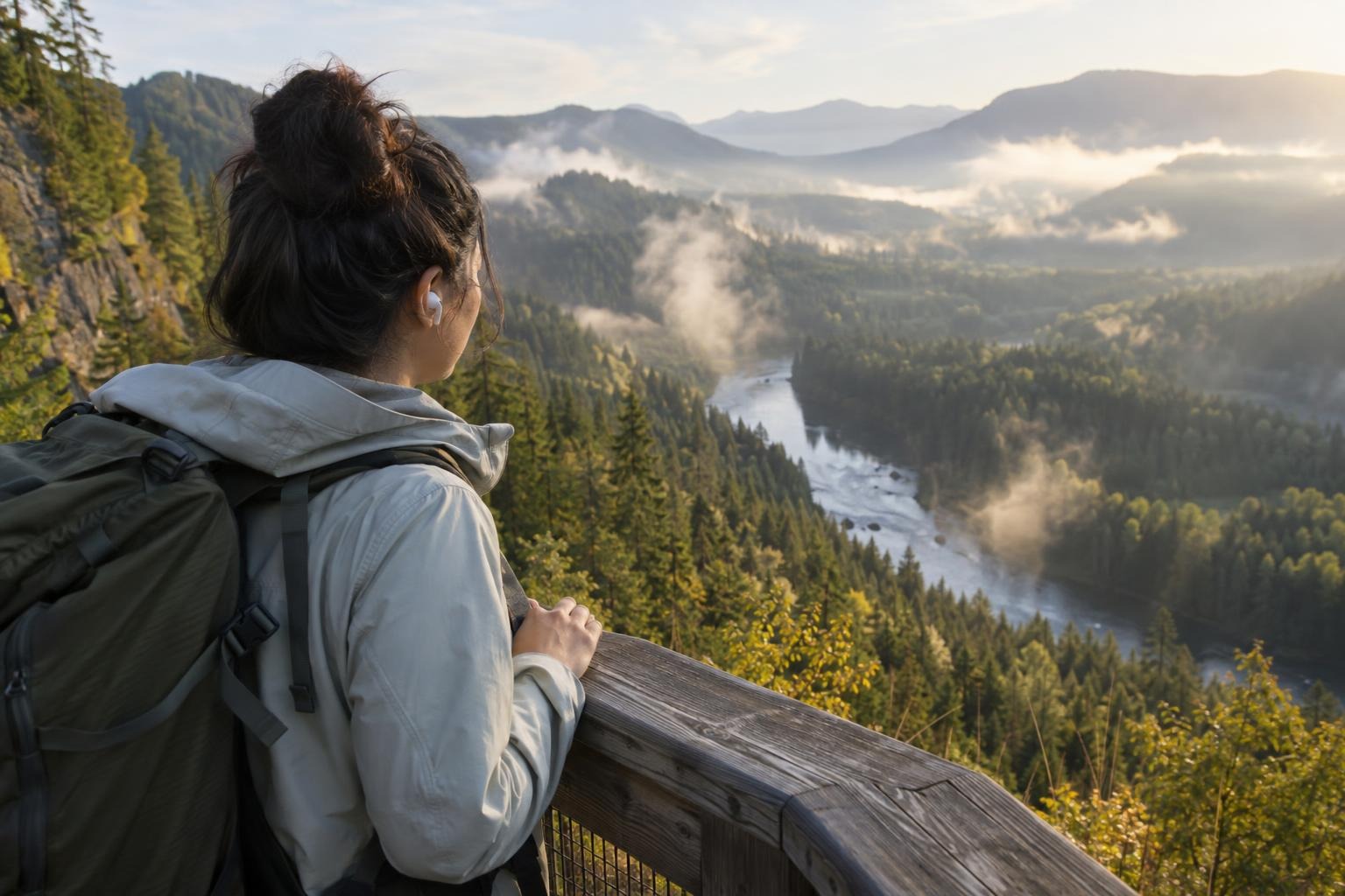 A hiker with earbuds at a wooden railing above a misty river valley