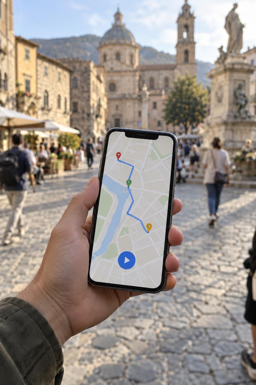A hand holding a phone showing a tour route with story pins in a sunlit old town square