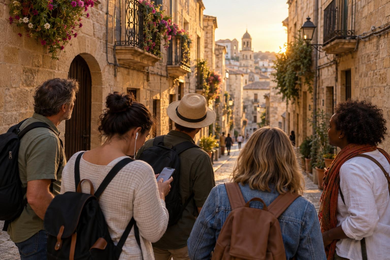 A small walking group in a narrow old town street at golden hour